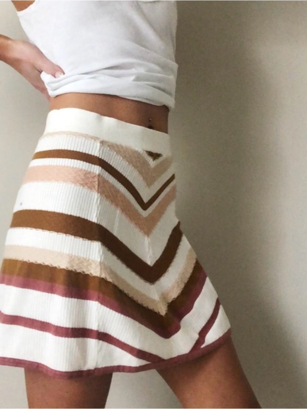 Free People Striped Chevron Knit Mini Skirt in White, Brown & Pink
